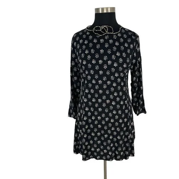Old Navy XL Black Patterned Tunic Dress Shift A Line Long Sleeve Rayon - Picture 2 of 7